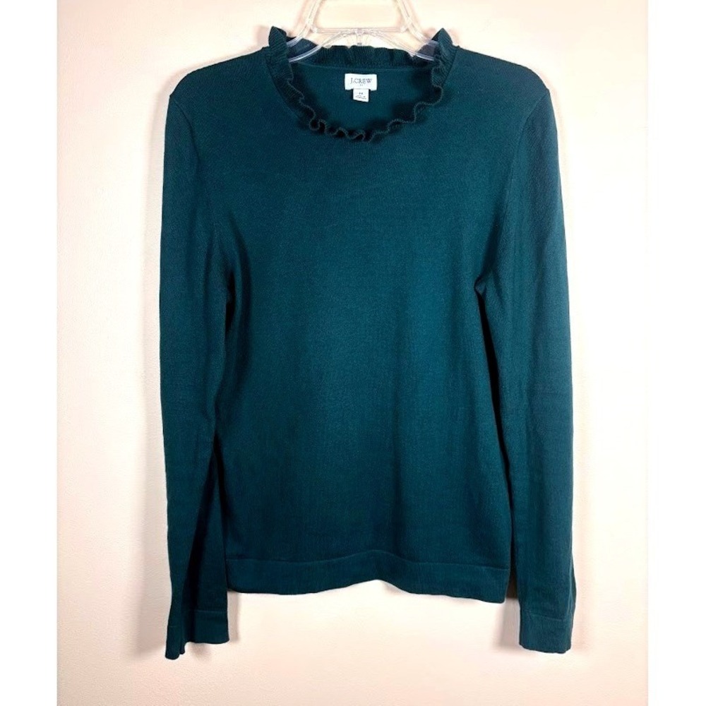 J Crew Green Ribbed Ruffle Neck Long Sleeve Cotton Sweater Women's Medium